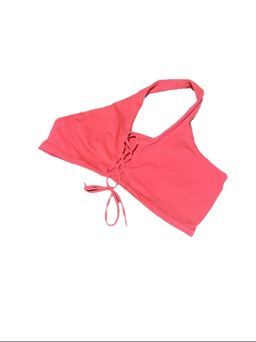 L Space Lace Up Halter Bikini Top Neon Pink Coral Small